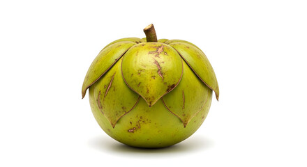 Unripe green exotic tropical fruit with intricate sepal details, presented with white background