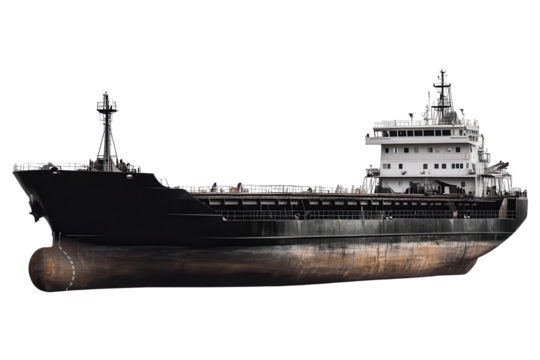 Cargo ship isolated on transparent background, showcasing its structure and design in low resolution for detailed analysis and creative exploration