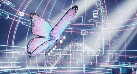 Pink-blue butterfly amidst neon tech patterns, glowing lights, futuristic backdrop. Colors blend tech with nature. Atmosphere: dreamy fusion. Concept: tech meets organic. AI Generated