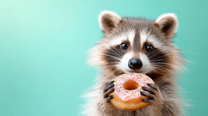 Cute raccoon holding a pink-frosted donut with colorful sprinkles against a mint green background