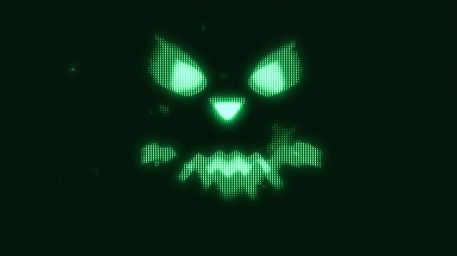 Halloween pumpkin faces with scary expression. Scary psycho evil face. Horror Spooky animation of digital Monster. Jack o lantern Spooky face glowing in dark, Retro-Futuristic pixelate VHS Monitor