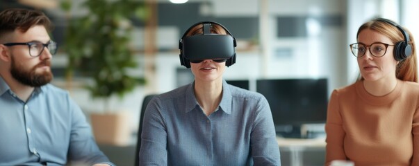 Office Meeting with VR Woman wearing VR headset in office, colleagues listening , Virtual reality, Teamwork