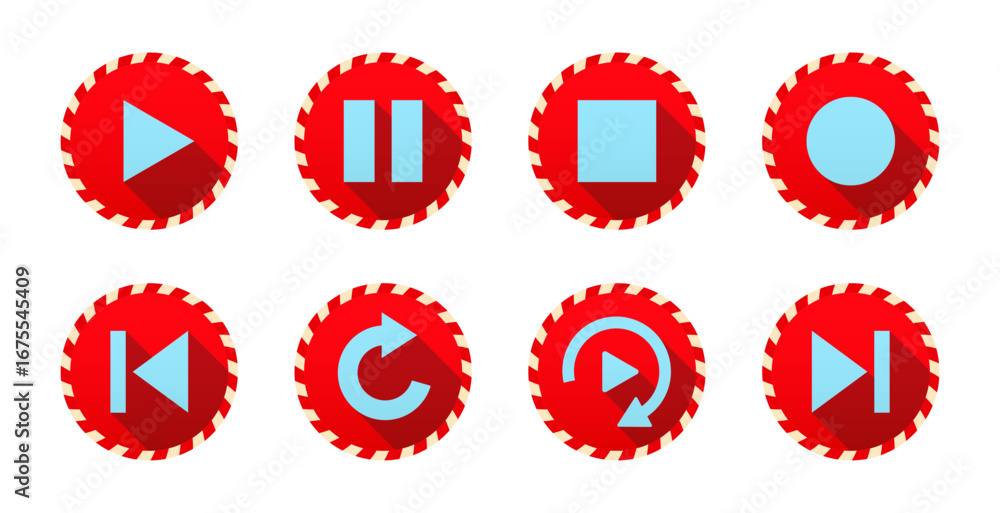 Aufkleber christmas button icons play, pause, repeat, previous, next. holiday set of symbols for playback. new
