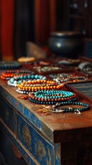 Beads of various colors arranged neatly for sale