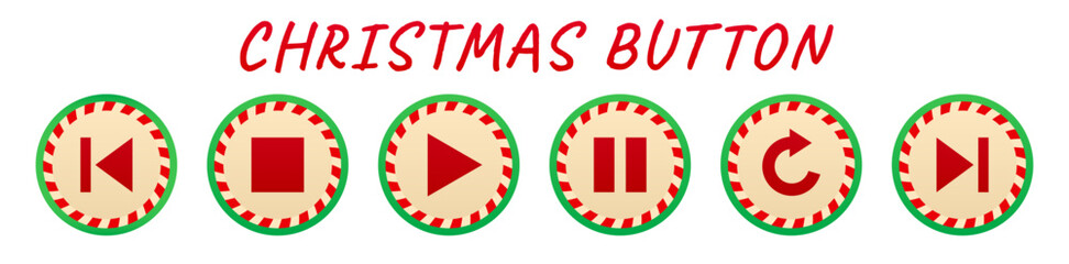 Christmas buttons for media player in candy cane style. New Year multimedia icon set