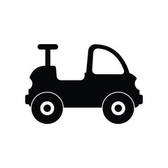 Simple black silhouette of a ride on toy car with a steering wheel and wheels on a white background
