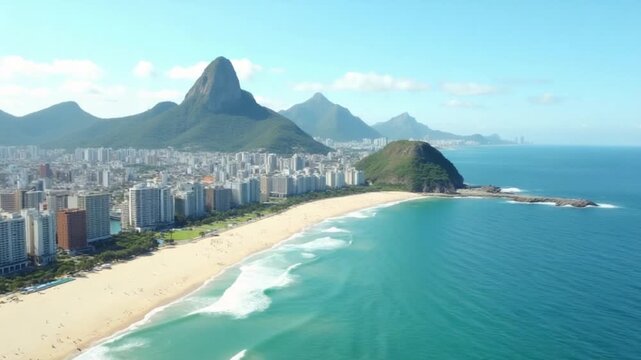 Rio de Janeiro City on Sunny Day. Copacabana Beach and Atlantic Ocean. Aerial View. Brazil. Drone Flies Forward, Tilt Up. Reveal Shot