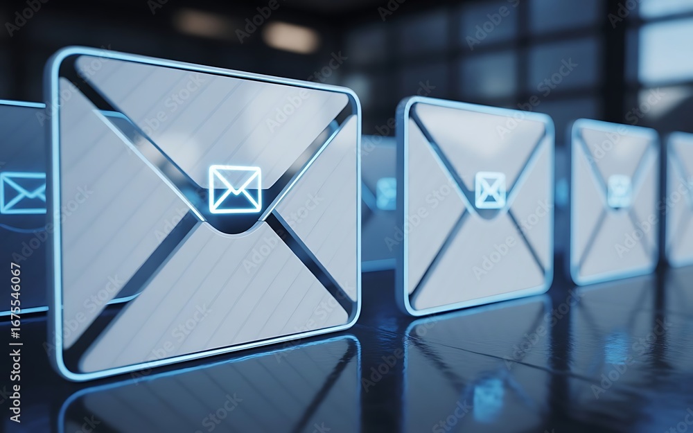 Poster digital envelopes in a row with glowing outlines, symbolizing modern communication and messaging tec