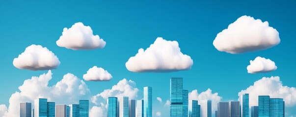 Obraz premium Skyline Dreamscape Blue Skyscrapers Under Cotton Clouds , Cityscape, Sky