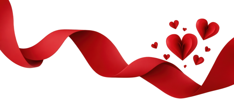 Red Ribbon and Paper Hearts on Black Background