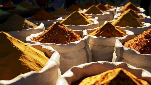 Spices in sacks at a market stall, bright and colorful
