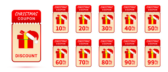 Christmas discount coupon set with sale tags and gift vouchers. Vector illustration