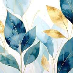 Abstract botanical design with blue and gold leaves