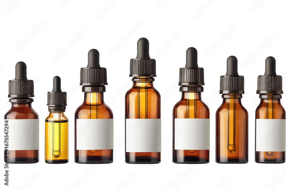 Poster collection of various brown medicine bottles arranged in a row showcasing different sizes and shapes