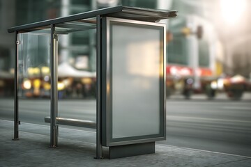 Realistic Bus Stop Advertisement Mockup on City Street Modern Urban Setting