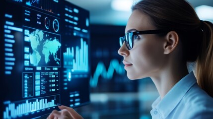 Woman Analyzes Global Data on a Glowing Screen, Fintech , Analytics