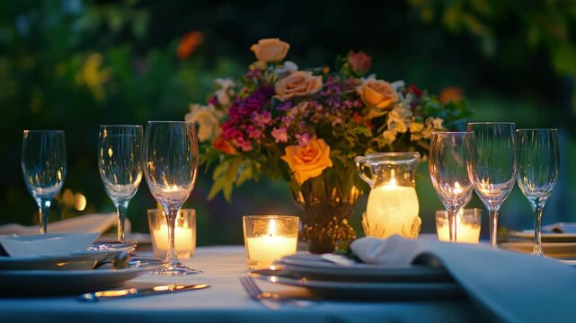 Outdoor wedding reception with candlelight dinner, garden setting, elegant table settings and flower centerpiece.