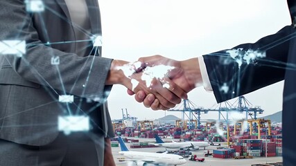 Global Business Deal Handshake with Cargo Port Background - Powered by Adobe