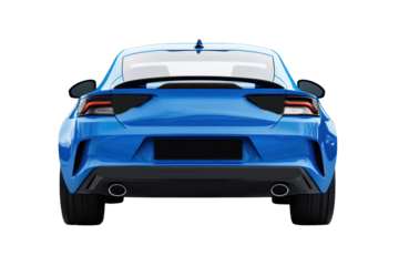 Blue car rear view with no logo isolated on a white background, showcasing a sleek design and modern features ideal for automotive enthusiasts and designers