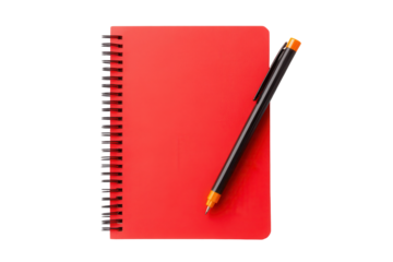 Blank red notebook with pen ready for back to school season in a bright, organized workspace for students and learners