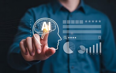 AI Brain and Mental Health Concept, Finger Touching Brain Inside Head with Five-Star Rating, Bar Graph, and Search Box