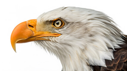 Obraz premium Close-up profile of a majestic bald eagle's head with a sharp yellow beak and intense gaze on a white background.