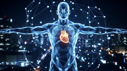 Low Poly Human Body with Glowing Heart Against Night Cityscape - Powered by Adobe