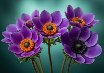 Fototapeta premium Vibrant purple anemone flowers against a teal backdrop, a close-up nature shot