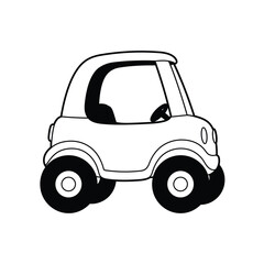 Simple cartoon drawing of a small cute stylized vehicle with large wheels and a rounded roof isolated on a white background