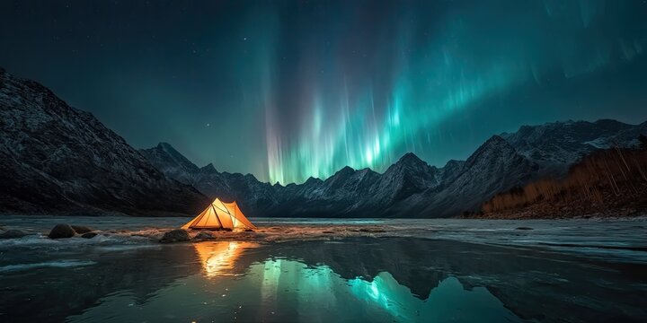 A wide angle landscape of a solitary tent glowing warmly beneath a vivid green aurora in a remote snowy mountain valley, crystal clear night sky filled with stars, peaceful wilderness - Powered by Adobe