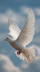 Fototapeta premium White dove flying against a cloudy background