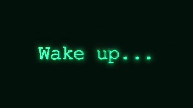 Retro-Futuristic pixelate Monitor synthwave style. Retro CCTV or VHS pixel Wireframe. Abstract digital background. 80s, 90s Retro futurism, Retro wave cyberpunk grid matrix style. Wake up text