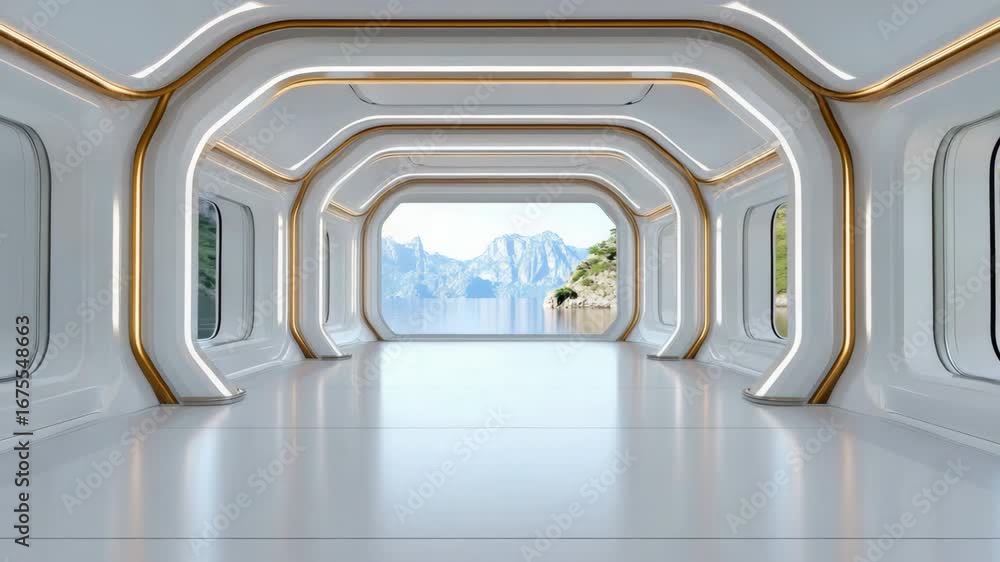 Poster modern interior design showcasing large windows and scenic mountain architecture in spacious setting