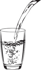 Water Pouring into Glass - Clean, Fresh Water Illustration, Black and White Drawing