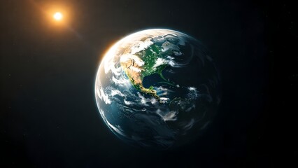 Fototapeta premium A beautiful blue globe suspended in the blackness of space, a view of Earth's continents and oceans, and a dynamic 3D representation of the planet from the universe at night