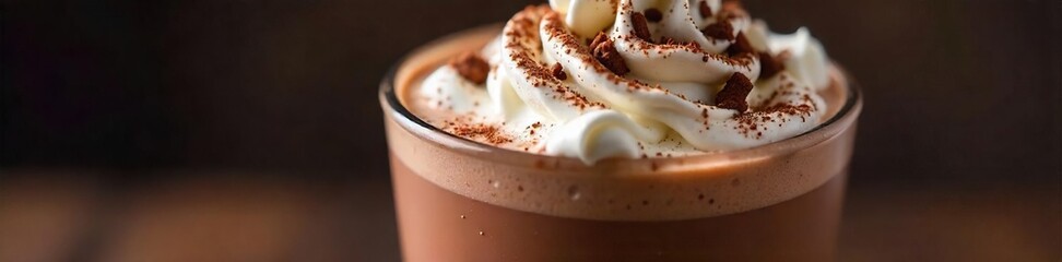 Fototapeta premium Close-up of a decadent chocolate milkshake, creamy texture visible, topped with whipped cream and chocolate shavings in a classic glass , thick, milkshake
