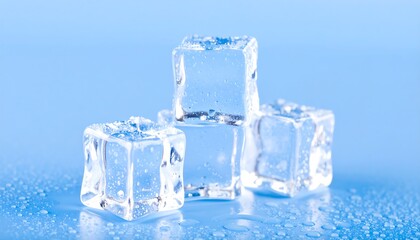 Obraz premium Three ice cubes on a wet blue surface