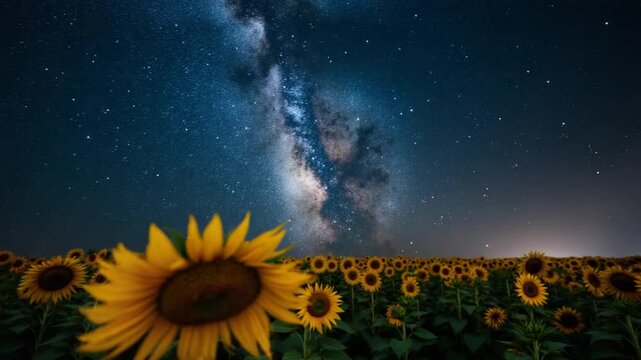 Sunflower field at night. Milky Way Galaxy Time Lapse 4K