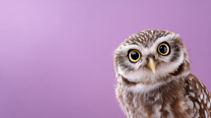Naklejka premium Close-up of a curious little owl with big round eyes against a soft purple background showcasing its detailed feathers