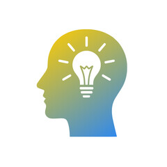 A gradient-colored silhouette of a human head with a glowing lightbulb inside, symbolizing the emergence of a new idea, creative thought, or intellectual insight.