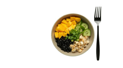 Minimalist Top View Tropical Mango Rice Bowl with Fork Still Life