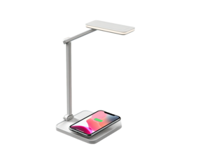 A modern, light gray desk lamp with integrated wireless phone charger.  The lamp arm is adjustable.  A smartphone rests on the charging pad.  A light bar is positioned above the phone
