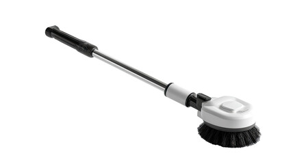 Fototapeta premium Telescopic cleaning brush with a round head. A long, extendable metal pole with a white, circular brush head. Black accents on the handle