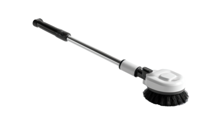 Telescopic cleaning brush with a round head.  A long, extendable metal pole with a white, circular brush head. Black accents on the handle