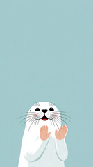 Cute illustrated seal with a happy expression, sitting with paws raised against a soft blue background