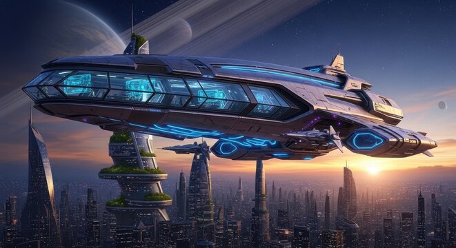 Advanced Metropolis: A Visionary Spacecraft Overlooking the Cityscape of Tomorrow