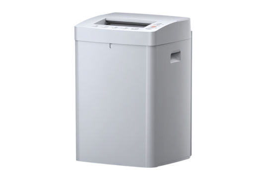 White rectangular office paper shredder.  Compact, modern design with a clear feed slot, control panel, and waste bin.  Handle for easy transport