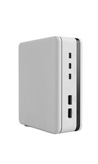 Light gray, rectangular, compact computer case with ports