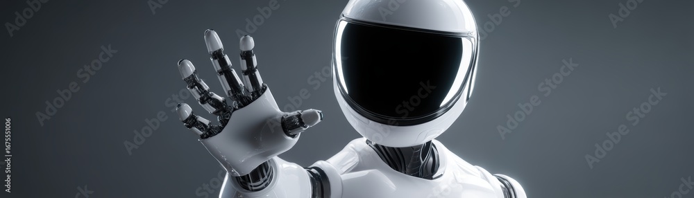 Poster a sleek, futuristic robot with a glossy surface and a helmet-like head gestures in a friendly manner