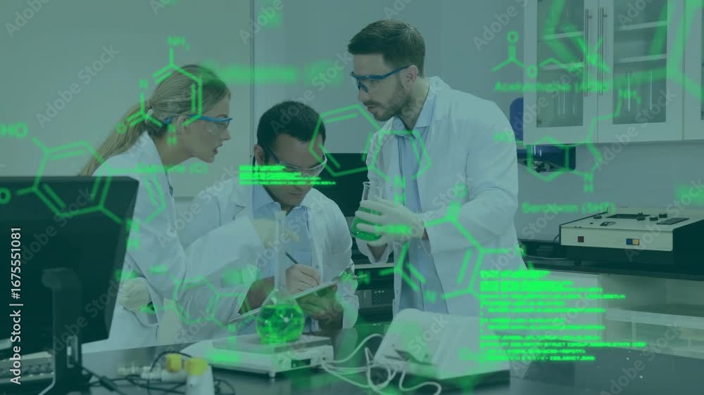 Poster scientists clustering in tech lab recording and inspecting green flask as overlay drifting, pulsing